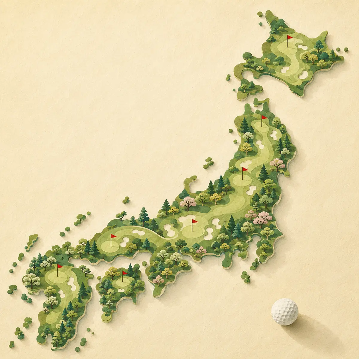 日本列島をゴルフコースに見立てたイラスト