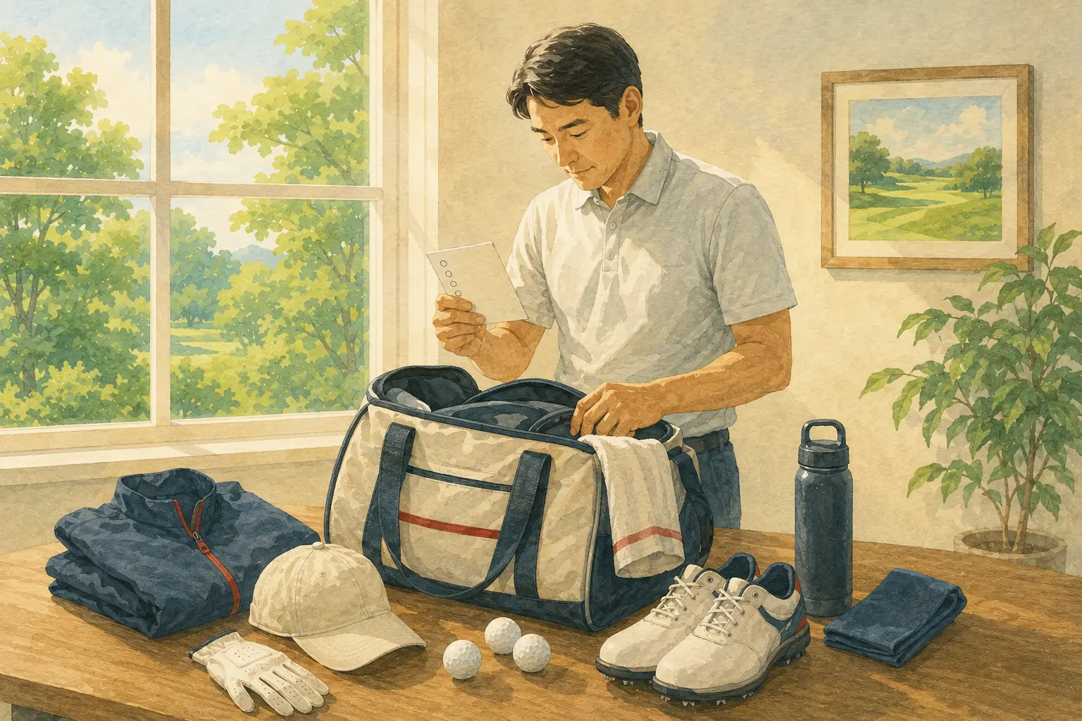 ゴルフ場へ行く前に服装と持ち物を準備するゴルファーのイラスト