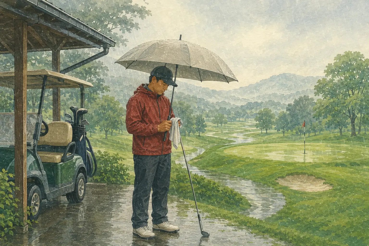 雨のゴルフ場でクラブのグリップを拭くゴルファーのイラスト